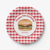 Hamburger op rood gingham patroon gelukkige verjaa papieren bordje (Voorkant)
