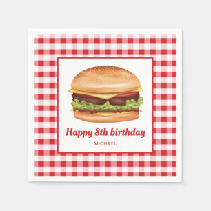 Hamburger op rood gingham patroon gelukkige verjaa servet