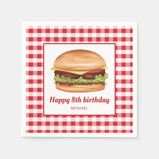 Hamburger op rood gingham patroon gelukkige verjaa servet (Voorkant)