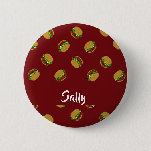 Hamburger patroon op maroon ronde button 5,7 cm (Voorkant)