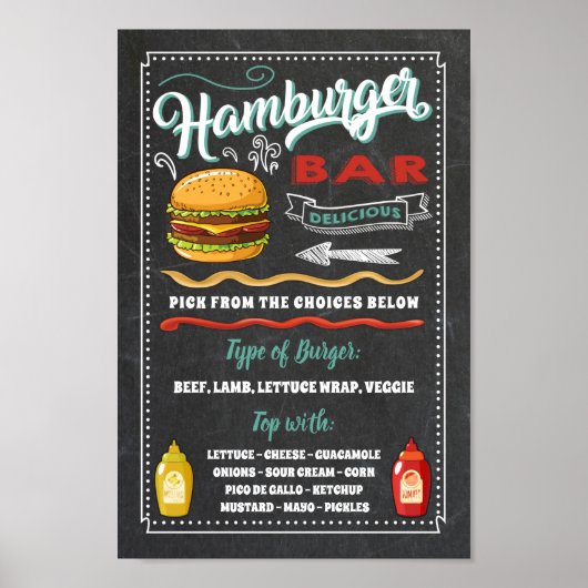 Hamburgerbar Menu Bordje Feestbord Poster (Voorkant)