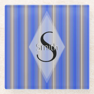 HAMbWG - Art Deco Blue Stripe met monogram Glazen Onderzetter