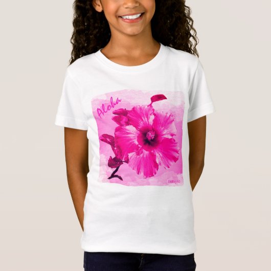 HAMbyWG - Meisjes heldere roze Hawaiin Hibiscus T-shirt (Voorkant)