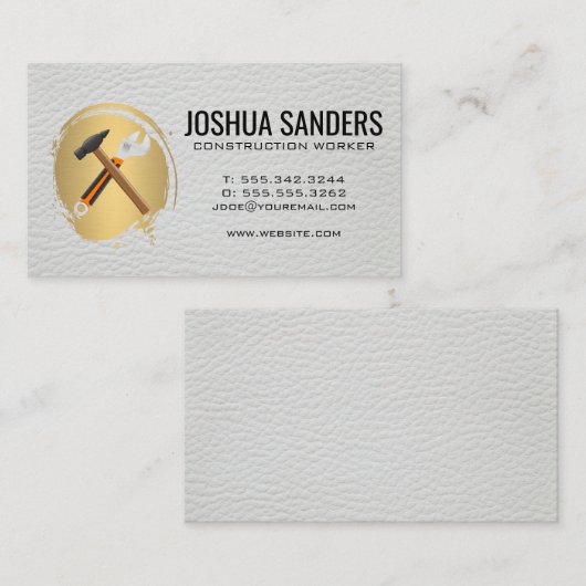 Hamer en moersleutel | Goud geborsteld leer Visitekaartje (Voorkant / Achterkant)