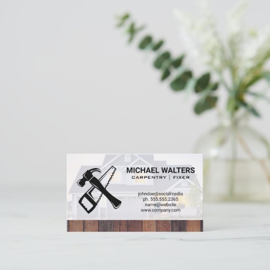 Hamer en zaag | Huis en Hout Visitekaartje (Staand voorkant)