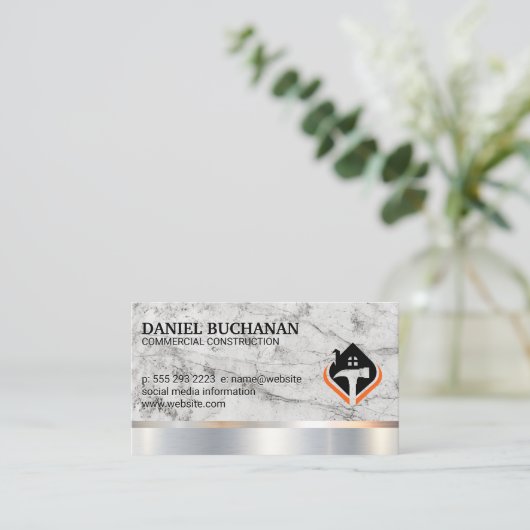 Hamer Huis Logo | Marmer Metaal Visitekaartje (Staand voorkant)