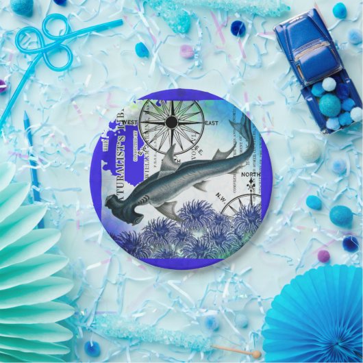 Hamerhead Shark nautische collage onderwater blauw Papieren Bordje (Feest)
