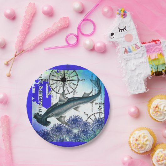 Hamerhead Shark nautische collage onderwater blauw Papieren Bordje (Feest)