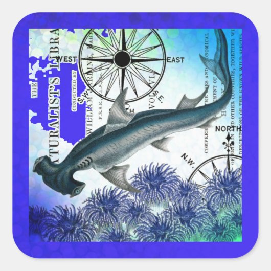 Hamerhead Shark nautische collage onderwater blauw Vierkante Sticker (Voorkant)