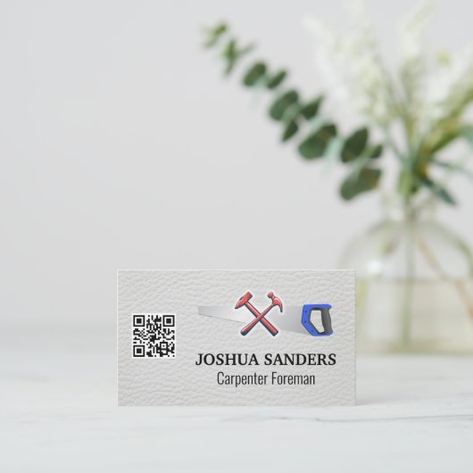 Hamers en zaag | wit leer | QR-code Visitekaartje (Staand voorkant)