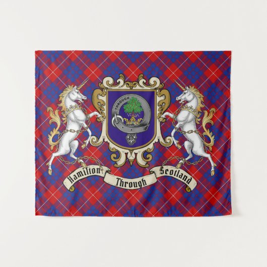 Hamilton Clan Badge & Unicorns met Tartan Wandkleed (Voorkant (horizontaal))