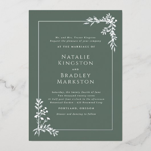 Hamilton Elegant Sage Zilveren Folie Groen Huwelij Folie Uitnodiging (Voorkant)