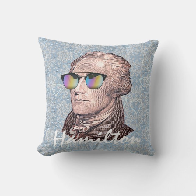 Hamilton in Shades op Blue Lace & Heart Background Kussen (Voorkant)