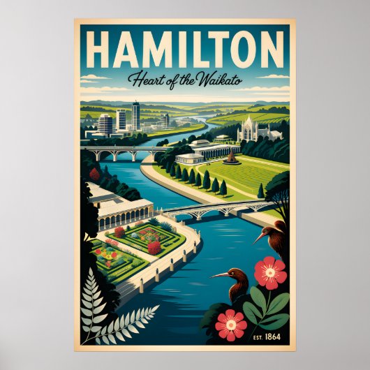 Hamilton Nieuw-Zeeland Retro Reisposter Kunst Poster (Voorkant)