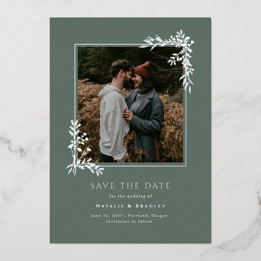 Hamilton Silver Greenery Wedding Save the Date Folie Uitnodiging (Voorkant)