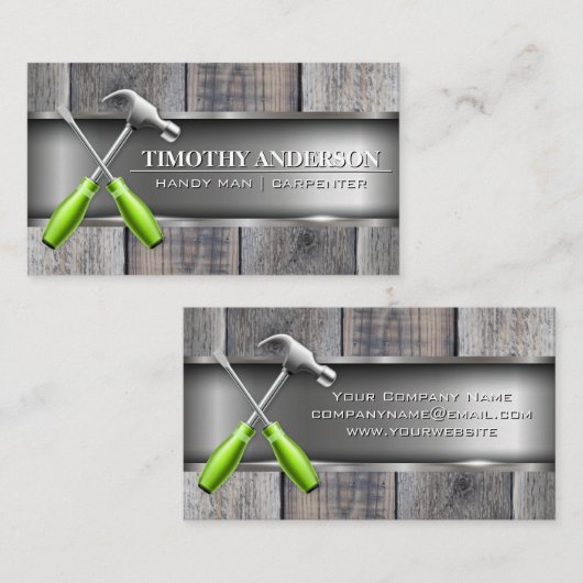 Hammer Screwdriver Logo | Hout | Metaal Visitekaartje (Voorkant / Achterkant)