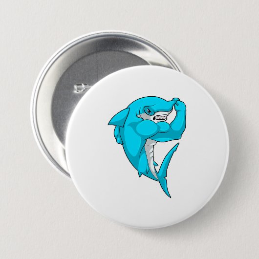 Hammerhead shark as Bodybuilder at Bodybuilding Ronde Button 7,6 Cm (Voorkant /achterkant)