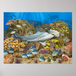 Hammerhead Shark Over koraalrif Poster