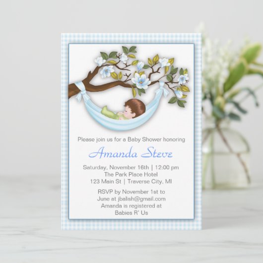 Hammock Boy Baby shower Invitation - Brunette Kaart (Staand voorkant)