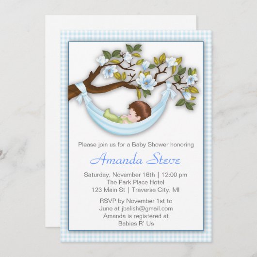 Hammock Boy Baby shower Invitation - Brunette Kaart (Voorkant / Achterkant)