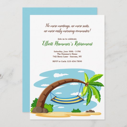 Hammock onder Coconut Tree Retirement Party Kaart (Voorkant / Achterkant)