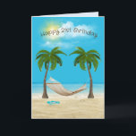 Hammock op Beach 21st Birthday Kaart<br><div class="desc">Hammock die tussen twee palmbomen hangt met zeesterren en teenslippers op het strand van de oceaan zand met zomerwolken voor de 21ste verjaardag. De leeftijd kan worden gewijzigd.</div>