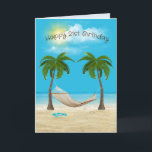 Hammock op Beach 21st Birthday Kaart<br><div class="desc">Hammock die tussen twee palmbomen hangt met zeesterren en teenslippers op het strand van de oceaan zand met zomerwolken voor de 21ste verjaardag. De leeftijd kan worden gewijzigd.</div>