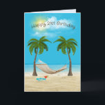 Hammock op Beach 21st Birthday Kaart<br><div class="desc">Hangmat hangend tussen twee palmbomen met zeester,  cocktail drink,  en teenslippers op oceaan strand zand met zomerwolken voor 21e verjaardag. Leeftijd kan worden veranderd.</div>