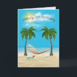 Hammock op Beach 21st Birthday Kaart<br><div class="desc">Hangmat hangend tussen twee palmbomen met zeester,  cocktail drink,  en teenslippers op oceaan strand zand met zomerwolken voor 21e verjaardag. Leeftijd kan worden veranderd.</div>