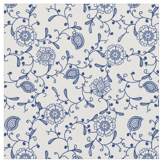 Hampton Aesthetic Blue White Floral Boho Pattern Stof (Close Up)