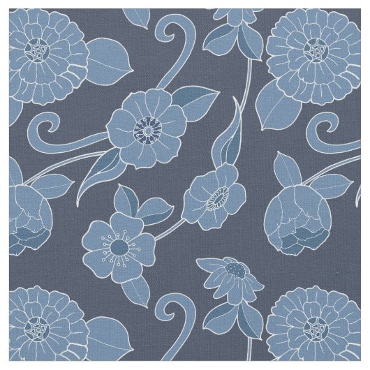 Hampton Blue White Bold Floral Pattern Stof (Close Up)