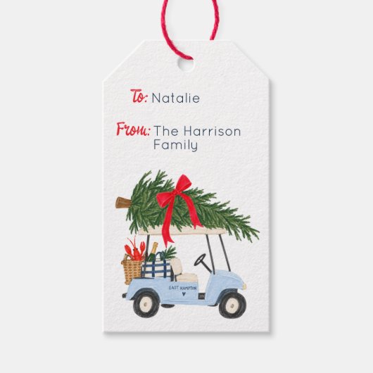 Hamptons Kerst Golfkar Cadeaulabel (Voorkant)