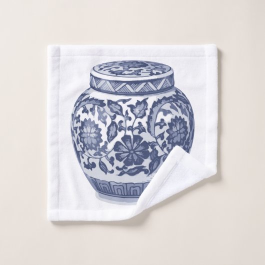 Hamptons Marine Indigo Blauw Wit Ginger Jar Patroo Bad Handdoek (Wasdoekje)