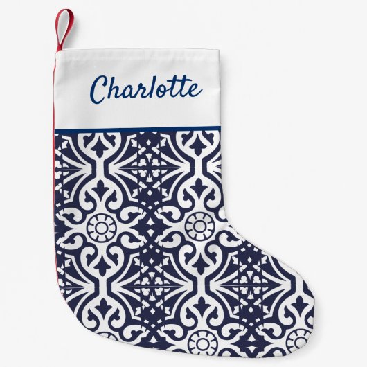 Hamptons Navy Blue en White Talavera Tegel Kleine Kerstsok (Voorkant)