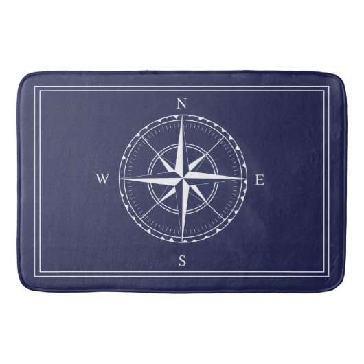Hamptons Navy en White Nautical Ship Compass Roos Badmat (Voorkant)