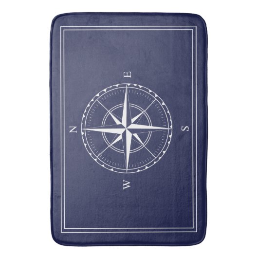 Hamptons Navy en White Nautical Ship Compass Roos Badmat (Voorkant Verticaal)