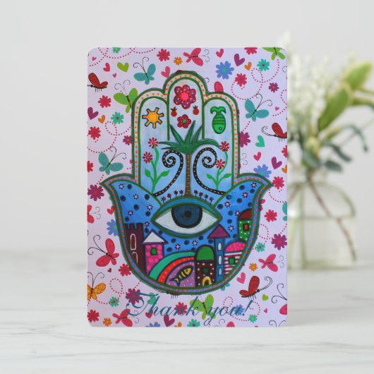 HAMSA B'NOT B'NAI BAR BAT MITZVAH DANK JE KAART (Staand voorkant)