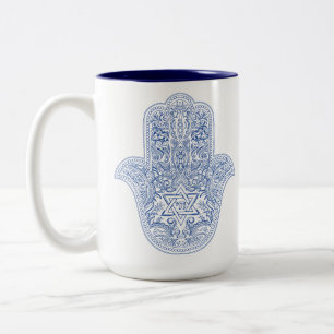 Hamsa Coffee Mok - Blauw & wit - Judaica Gifts