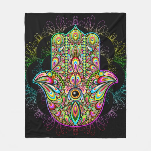 Hamsa Fatma Hand Psychedelic Art Fleece Deken (Voorkant)