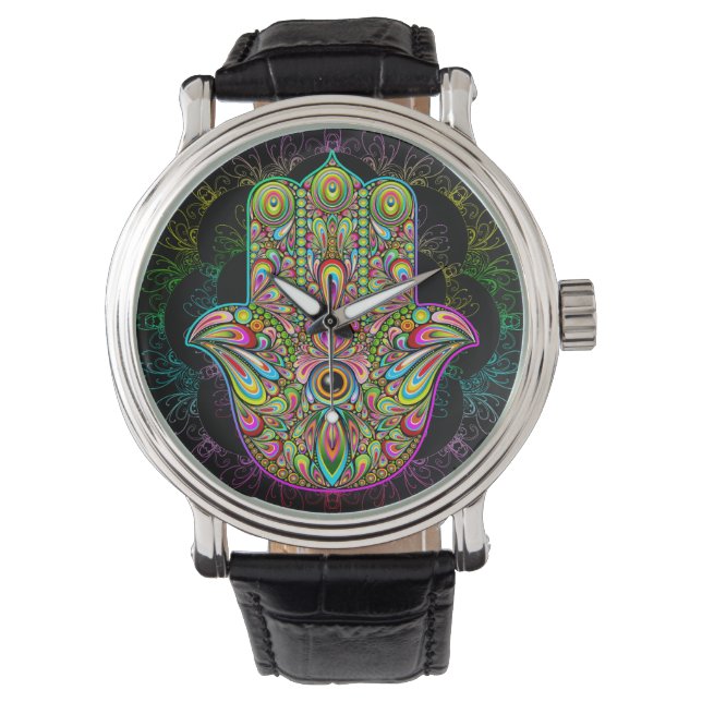 Hamsa Fatma Hand Psychedelic Art Horloge (Voorkant)