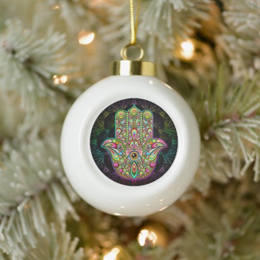 Hamsa Fatma Hand Psychedelic Art Keramische Bal Ornament (Boom)