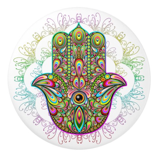 Hamsa Fatma Hand Psychedelic Art Keramische Knop (Voorkant)
