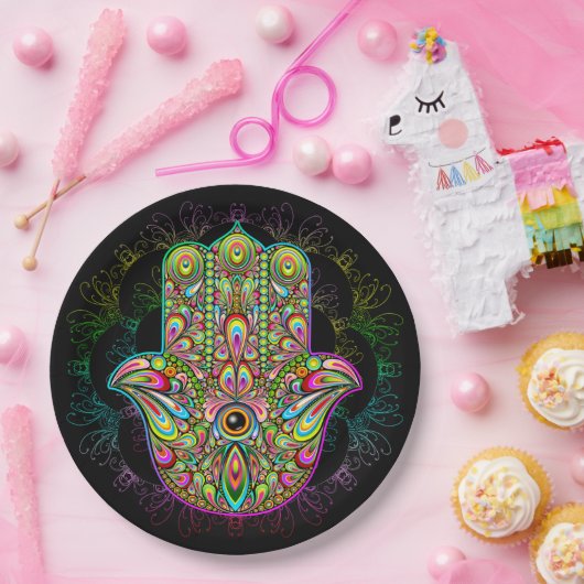 Hamsa Fatma Hand Psychedelic Art Papieren Bordje (Feest)