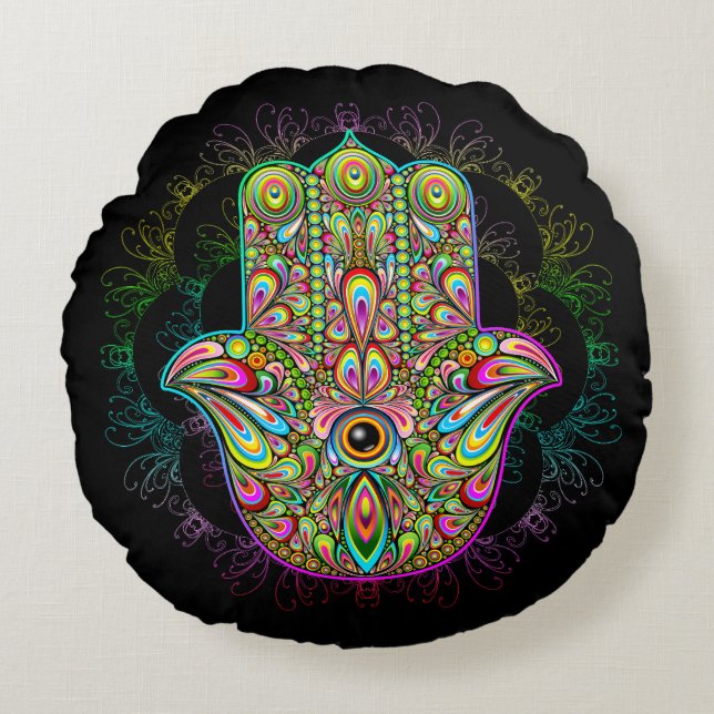 Hamsa Fatma Hand Psychedelic Art Rond Kussen (Voorkant)