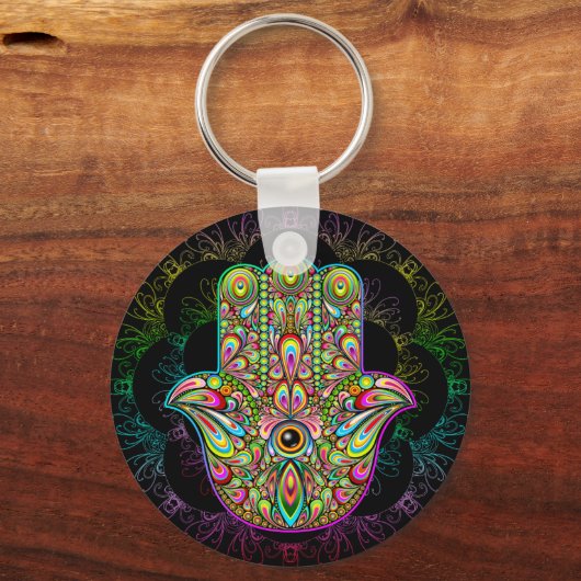 Hamsa Fatma Hand Psychedelic Art Sleutelhanger (Voorkant)