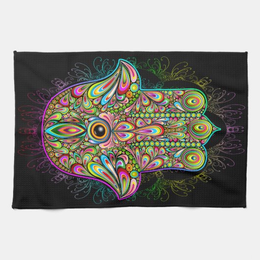 Hamsa Fatma Hand Psychedelic Art Theedoek (Horizontaal)