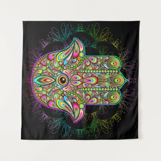 Hamsa Fatma Hand Psychedelic Art Wandkleed (Voorkant (horizontaal))