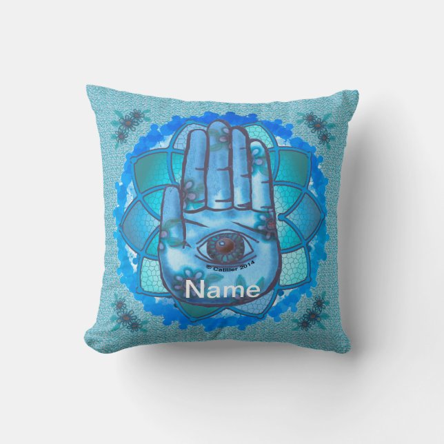 Hamsa Hand Blauwe Lotus Kussen (Voorkant)