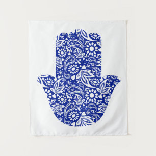 Hamsa Hand Boheems Blauw Wit Tapestry Wandkleed
