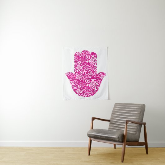 Hamsa Hand Boho Roze Wit Wandkleed (In situ)